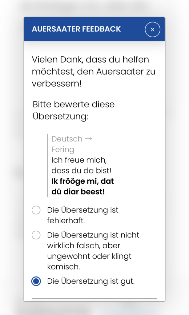 Bildschirmaufnahme, die die Bewertungsfunktion des Auersaater Feedback zeigt.